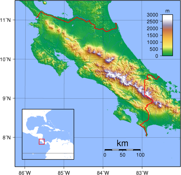 Costa Rica Topographie Landkarte