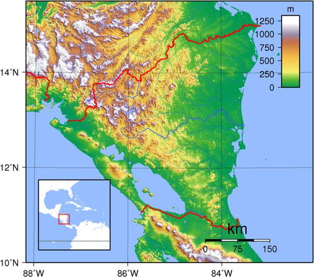 Nicaragua Landkarte Topographie